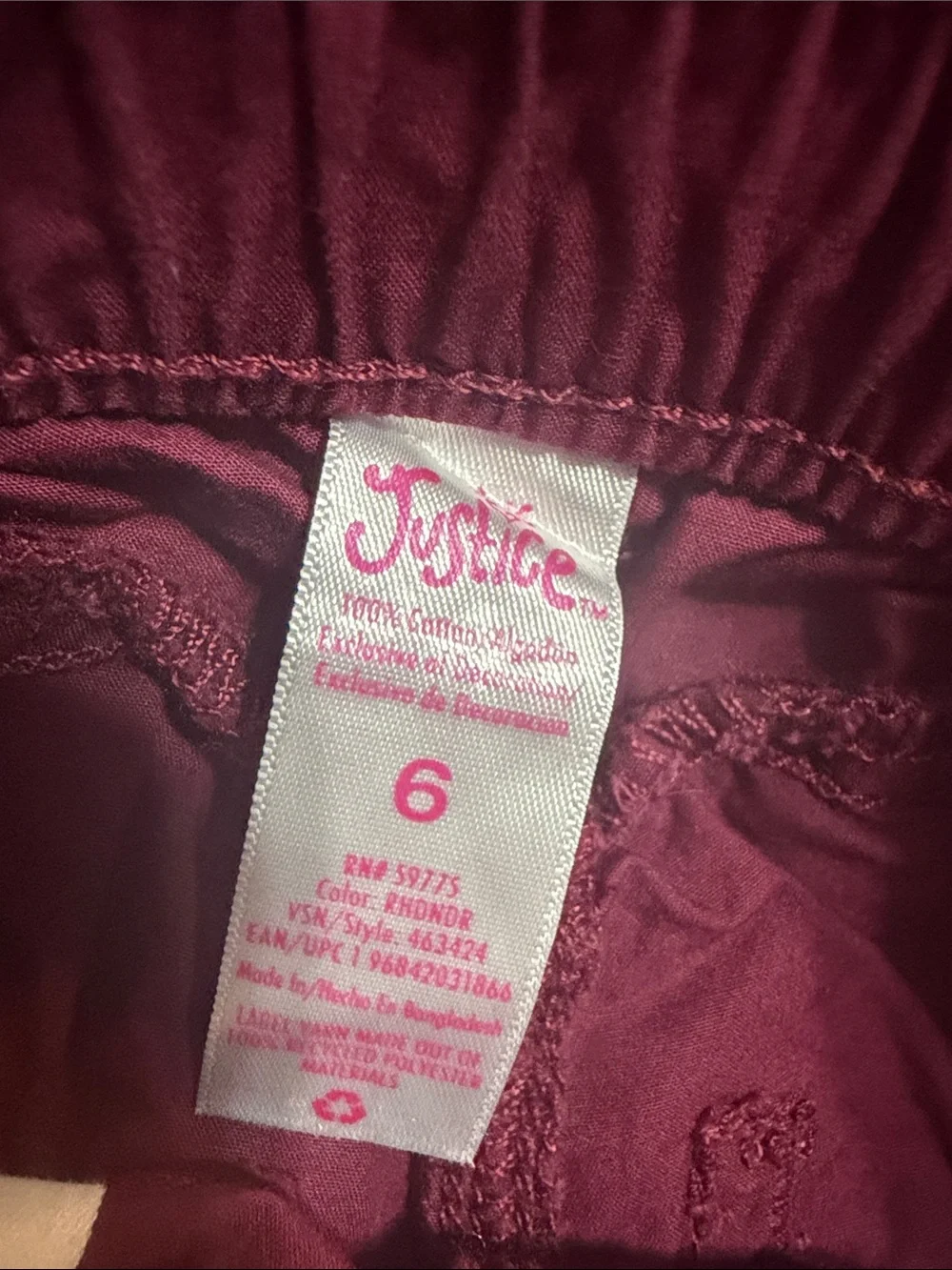 Justice Girls Burgundy Cargo Joggers Size 6